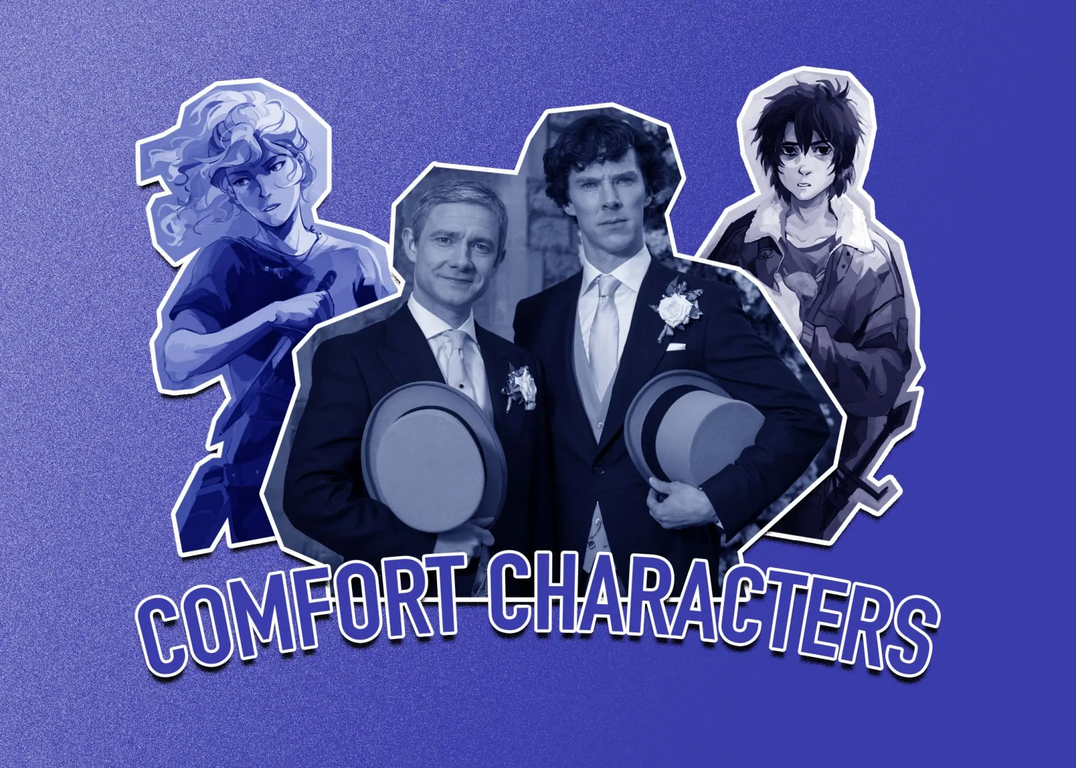 Purple tinted collage of John Watson and Sherlock Holmes, Nico Di Angelo and Annabeth Chase with the word 'Comfort Characters' across the bottom