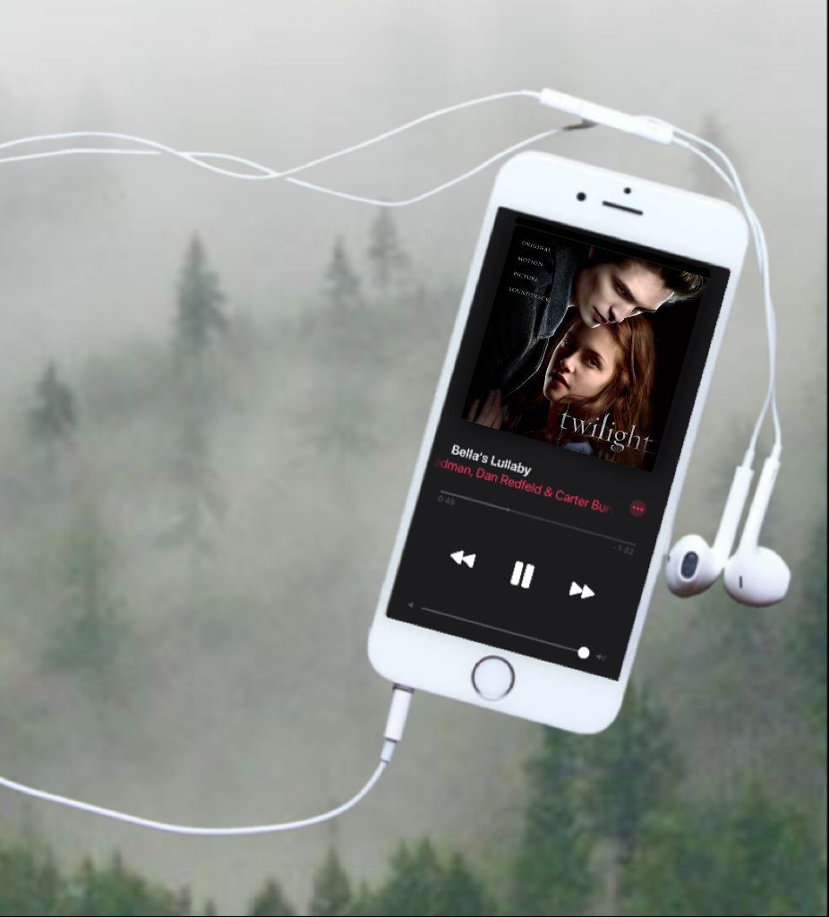 An iPhone against a foggy forest background, playing 'Bella's Lullaby' from the Twilight soundtrack